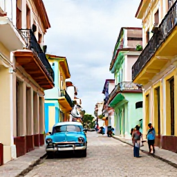 Caribbean Holidays, Cuba Walking Holidays, A colourful cobbled street in historic Havana, Cuba, with classic American cars and walkers exploring the old city