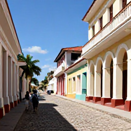 Caribbean Holidays, Cuba Walking Holidays, A colourful cobbled street in Trinidad, Cuba, with colonial buildings, palm trees and walkers exploring in warm August sunshine