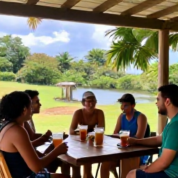 Caribbean Holidays, Cuba Walking Holidays, A friendly group of walkers relaxing at a Cuban caf&eacute; after a countryside hike, with cold drinks and tropical scenery