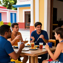 Caribbean Holidays, Cuba Walking Holidays, A friendly group of walkers relaxing at a Cuban caf&eacute; after a day outdoors, with local food and drinks on the table