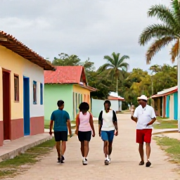 Caribbean Holidays, Cuba Walking Holidays, A friendly local guide speaking with walkers beside a Cuban village, with colourful houses and tropical scenery