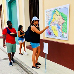 Caribbean Holidays, Cuba Walking Holidays, A friendly travel scene in Cuba with walkers enjoying a local meal and planning a route beside a map