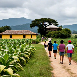 Caribbean Holidays, Cuba Walking Holidays, A guided group of walkers exploring a rural Cuban path beside tobacco fields and traditional farm buildings in the Vi&ntilde;ales Valley
