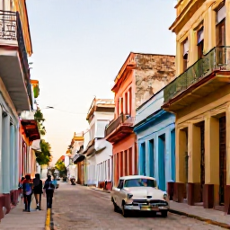 Caribbean Holidays, Cuba Walking Holidays, A lively Cuban street with colourful colonial buildings, classic American cars and walkers exploring the scene in warm afternoon light