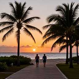 Caribbean Holidays, Cuba Walking Holidays, A peaceful Cuban beachside path at sunset, with walkers beside palm trees, warm golden light and the sea beyond