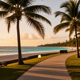 Caribbean Holidays, Cuba Walking Holidays, A quiet beach beside turquoise water in Cuba, with palm trees, a shaded walking path and late afternoon summer light