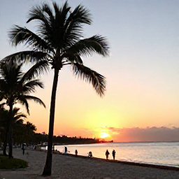 Caribbean Holidays, Cuba Walking Holidays, A relaxed Cuban Caribbean beach at sunset in September, with palm trees, calm water and walkers along the shore