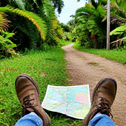 Caribbean Holidays, Cuba Walking Holidays, A relaxed Cuban countryside scene with walking boots, a map and tropical vegetation beside a trail