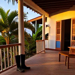 Caribbean Holidays, Cuba Walking Holidays, A relaxed Cuban guesthouse terrace with walking boots, tropical plants and warm evening light