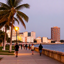 Caribbean Holidays, Cuba Walking Holidays, A relaxed evening in Havana with walkers beside the Malec&oacute;n sea wall, warm light, palm trees and colourful city buildings
