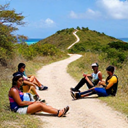 Caribbean Holidays, Cuba Walking Holidays, A relaxed group of travellers resting beside a scenic Cuban trail with tropical hills and a distant coastline in the background