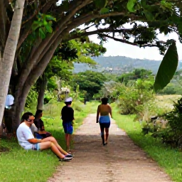 Caribbean Holidays, Cuba Walking Holidays, A relaxed group of walkers enjoying a shaded rest beside a Cuban countryside trail, with tropical greenery and distant hills