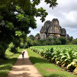 Caribbean Holidays, Cuba Walking Holidays, A shaded rural walking path near Vi&ntilde;ales with tropical vegetation, tobacco fields and dramatic limestone mogotes