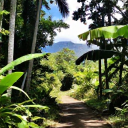 Caribbean Holidays, Cuba Walking Holidays, A shaded walking route through lush forest in the Sierra del Rosario, Cuba, with tropical plants and a distant mountain view