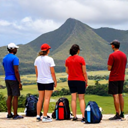 Caribbean Holidays, Cuba Walking Holidays, A small group of walkers resting at a Cuban viewpoint overlooking mountains and countryside, with water bottles and backpacks