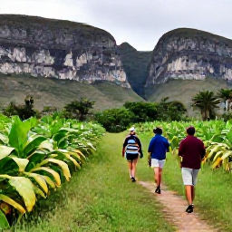 Caribbean Holidays, Cuba Walking Holidays, A small group walking along a green trail through the Vi&ntilde;ales Valley, Cuba, surrounded by limestone cliffs and tobacco fields