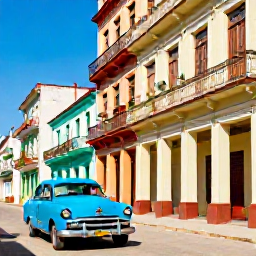 Caribbean Holidays, Cuba Walking Holidays, Colourful colonial buildings and vintage American cars on a sunny street in Havana, Cuba