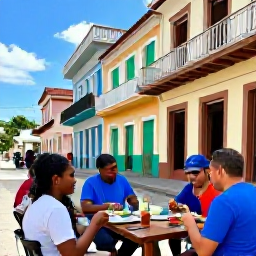 Caribbean Holidays, Cuba Walking Holidays, Friendly travellers enjoying a Cuban meal at an outdoor restaurant after a day of walking, with colourful buildings and local atmosphere