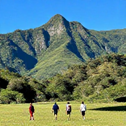 Caribbean Holidays, Cuba Walking Holidays, Hikers crossing a green valley in the Sierra del Escambray near Trinidad, Cuba, with forested mountains and a clear blue sky