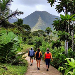 Caribbean Holidays, Cuba Walking Holidays, Hikers on a forested mountain path in the Sierra Maestra, Cuba, surrounded by lush tropical vegetation and distant peaks
