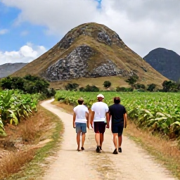 Caribbean Holidays, Cuba Walking Holidays, Hikers walking along a scenic trail in the Vi&ntilde;ales Valley, Cuba, surrounded by limestone hills and tobacco fields