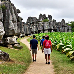 Caribbean Holidays, Cuba Walking Holidays, Hikers walking along a shaded trail in the Vi&ntilde;ales Valley, Cuba, with limestone mogotes and green tobacco fields in the background