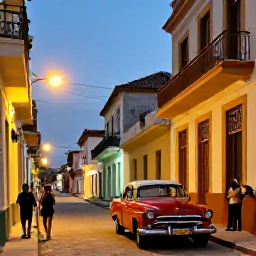 Caribbean Holidays, Cuba Walking Holidays, Travellers enjoying a relaxed evening in a colourful Cuban town, with classic cars, live music and warm street lighting