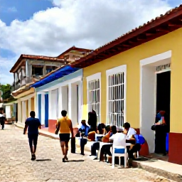 Caribbean Holidays, Cuba Walking Holidays, Travellers relaxing at a lively outdoor caf&eacute; in Trinidad, Cuba, after a day of walking, with colourful colonial buildings and musicians nearby