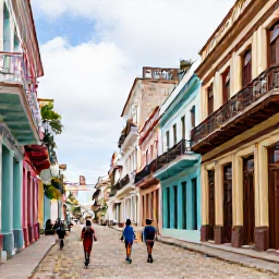 Caribbean Holidays, Cuba Walking Holidays, Travellers walking along a cobbled street in Old Havana beside colourful colonial buildings, balconies and restored plazas