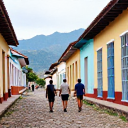 Caribbean Holidays, Cuba Walking Holidays, Travellers walking along a cobbled street in Trinidad, Cuba, with colourful colonial buildings and a distant mountain backdrop