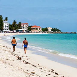 Caribbean Holidays, Cuba Walking Holidays, Travellers walking along a quiet beach near Trinidad, Cuba, with turquoise sea, palms and historic buildings in the distance
