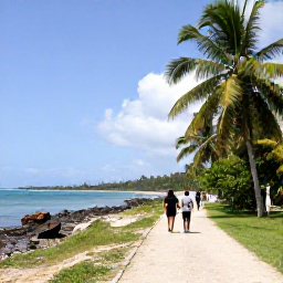 Caribbean Holidays, Cuba Walking Holidays, Travellers walking along a quiet coastal path near Baracoa, Cuba, with tropical vegetation and sea views