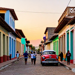 Caribbean Holidays, Cuba Walking Holidays, Visitors strolling through colourful colonial streets in Trinidad, Cuba, with vintage cars, pastel buildings and warm evening light