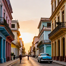 Caribbean Holidays, Cuba Walking Holidays, Visitors strolling through the historic streets of Havana at sunset, admiring colourful buildings and classic cars