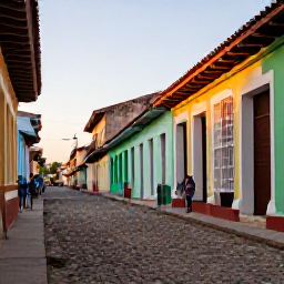 Caribbean Holidays, Cuba Walking Holidays, Visitors walking through the cobbled streets of Trinidad, Cuba, with colourful colonial buildings and warm evening light