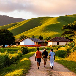 Caribbean Holidays, Cuba Walking Holidays, Walkers crossing a rural path near Trinidad, Cuba, with green hills, traditional farmhouses and warm evening sunlight