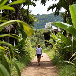 Caribbean Holidays, Cuba Walking Holidays, Walkers exploring a shaded trail in the Sierra del Rosario mountains of Cuba, surrounded by tropical vegetation and distant hills