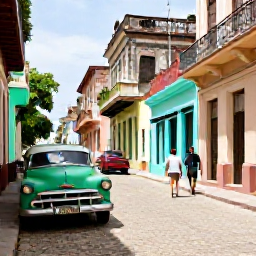 Caribbean Holidays, Cuba Walking Holidays, Walkers exploring a sunlit cobbled street in colourful Old Havana, Cuba, with classic American cars and colonial buildings