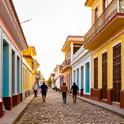 Caribbean Holidays, Cuba Walking Holidays, Walkers exploring the cobbled streets and colourful colonial buildings of Trinidad, Cuba, in warm afternoon sunlight