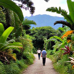 Caribbean Holidays, Cuba Walking Holidays, Walkers following a forest path in the Sierra Maestra mountains of Cuba, with tropical plants and distant blue peaks