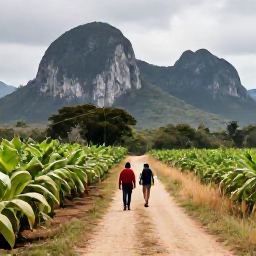 Caribbean Holidays, Cuba Walking Holidays, Walkers following a rural path between tobacco fields in Vi&ntilde;ales, Cuba, beneath dramatic limestone hills