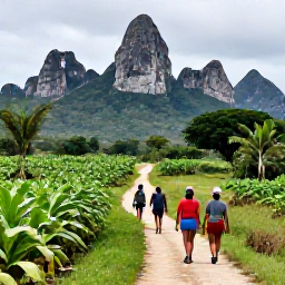 Caribbean Holidays, Cuba Walking Holidays, Walkers following a scenic trail through the green Vi&ntilde;ales Valley, Cuba, with limestone mogotes and tobacco fields in the background