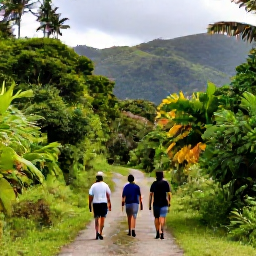 Caribbean Holidays, Cuba Walking Holidays, Walkers following a shaded forest path in the Sierra del Escambray, Cuba, with palms and green hills surrounding them