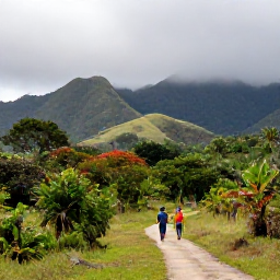 Caribbean Holidays, Cuba Walking Holidays, Walkers on a green mountain trail in the Sierra del Escambray near Topes de Collantes, Cuba, with misty hills and tropical vegetation