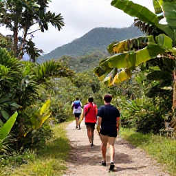 Caribbean Holidays, Cuba Walking Holidays, Walkers on a shaded mountain trail in the Sierra Maestra, Cuba, surrounded by tropical vegetation and distant hills