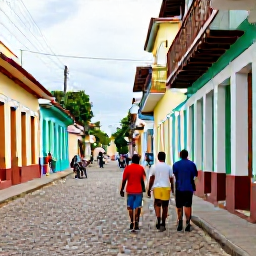 Caribbean Holidays, Cuba Walking Holidays, Walkers strolling along a cobbled street in Trinidad, Cuba, with colourful colonial buildings and local life around them