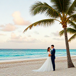 Caribbean Holidays, Cuba Wedding August, Bride and groom celebrating beside a turquoise Caribbean sea on a Cuban beach in August, with palm trees and warm evening light