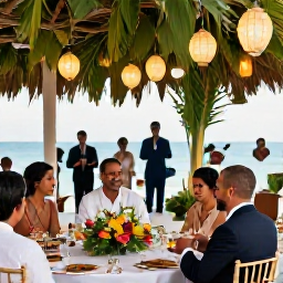 Caribbean Holidays, Cuba Wedding August, Cuban wedding couple and guests enjoying a colourful reception with tropical flowers, lanterns and live music