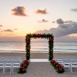 Caribbean Holidays, Cuba Wedding August, Elegant Cuban beach wedding set-up at sunset with white chairs, tropical flowers and a glowing sea horizon