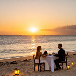 Caribbean Holidays, Cuba Weddings, A couple enjoying a romantic sunset dinner on a Cuban beach, with lanterns, a laid table and warm golden light over the sea